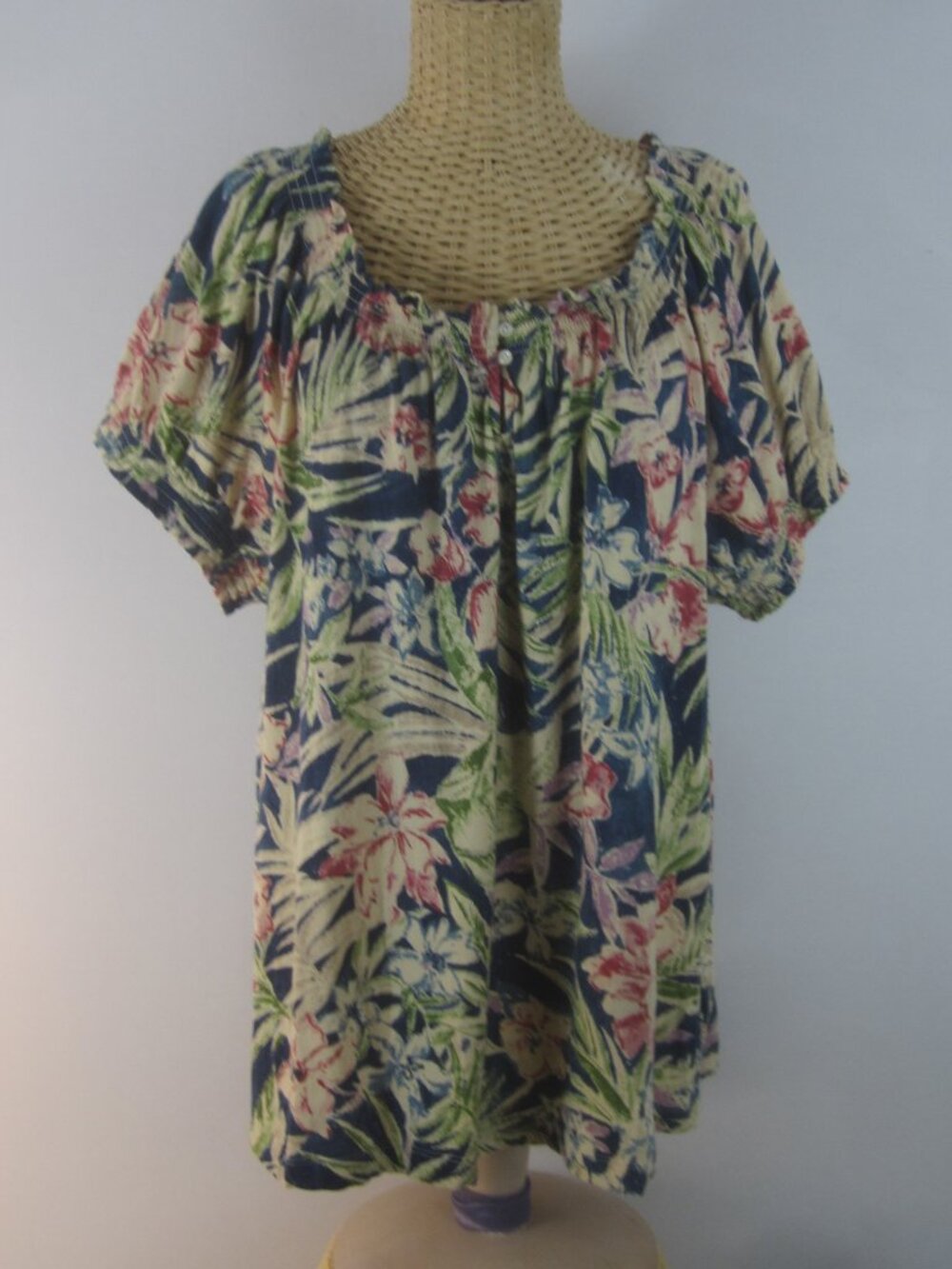 Chaps Women 2X Multicolor Floral Cotton Knit Ruffle Scoop Neck SS Tunic Shirt